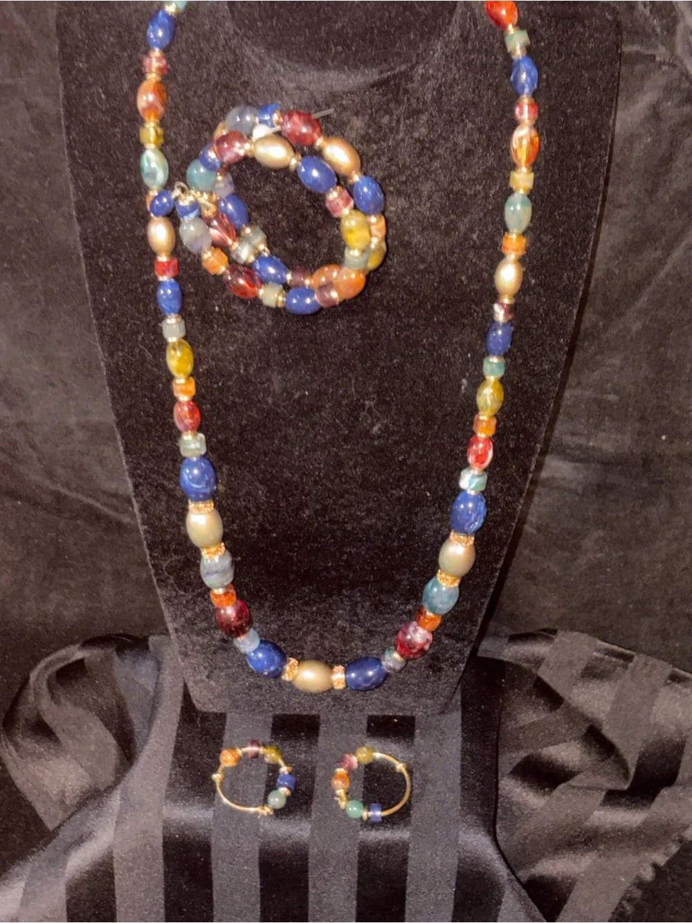 Multicolor Glass Bead Necklace, Earrings & Bracelet Set, Vibrant Blue, Red, Gold